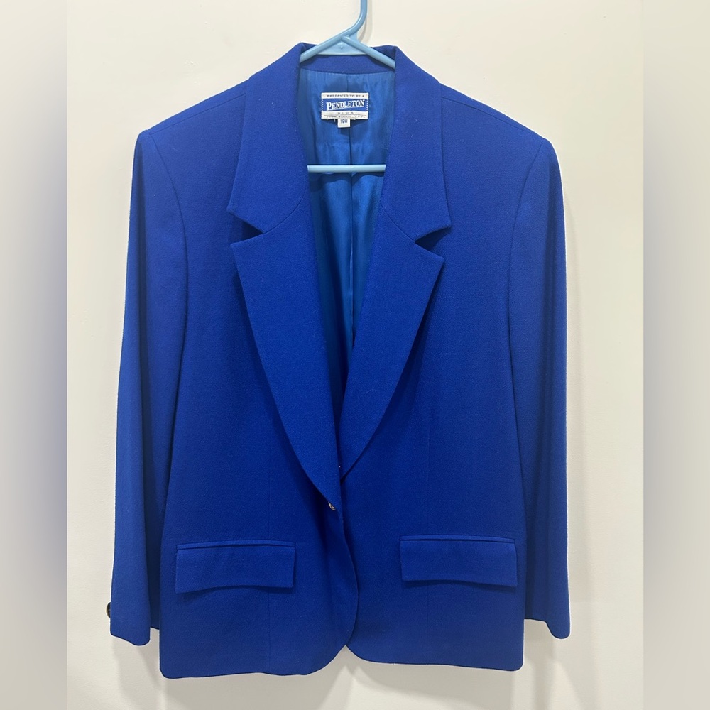 Pendleton Blazer Size 16W Royal Blue Vintage 80s Lined Women’s Button 100% Wool‎